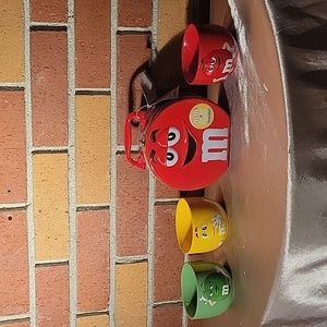 M & M's Tin Lunch Box with Tag, 2002 & Three 2021 Ceramic Collector Cups